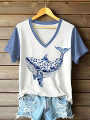 Frauen-Blumen-Wal-Print-lässiges T-Shirt