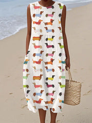 Damen Lustiges Dackel Kunstdruck Leinen kleid