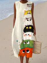 Frauen niedliches Katzen-Kunstdruck-Leinen kleid