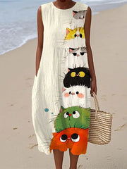 Frauen niedliches Katzen-Kunstdruck-Leinen kleid