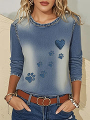 Damen-Jeans-Pfote Dreiviertel-Ärmel-T-Shirt