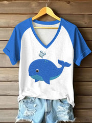 Damen-Seewal bedrucktes T-Shirt mit V-Ausschnitt