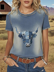 Frauen Denim Western Highland Cattle T-Shirt