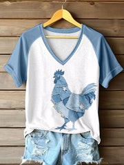 Frauen Bauernhof Hühner muster Patchwork Kunst V-Ausschnitt T-Shirt
