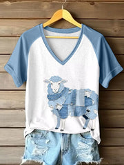 Frauen niedliches Schaf Patchwork Kunst V-Ausschnitt T-Shirt