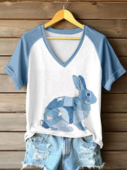 Frauen niedliches Häschen muster Patchwork-Kunst V-Ausschnitt T-Shirt