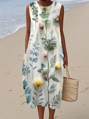 Damen-Leinen kleid mit Blumenmuster