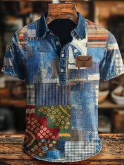 Herren-Retro-Cowboy-Patchwork-Stier-Kopf bedruck Lässiges Kurzarm-Oberteil