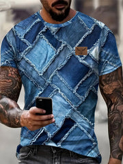 Herren Retro Cowboy Bull Head Patchwork Print Lässiges T-Shirt mit kurzen Ärmeln