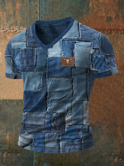 Retro Cowboy Bull Head Patchwork Print Herren Kurzarm T-Shirt mit V-Ausschnitt