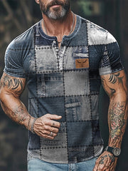 Herren Retro Cowboy Bull Head Patchwork Print Lässiges T-Shirt mit kurzen Ärmeln