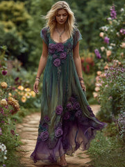 Frauen Elegantes, mit Blumen besticktes Maxi kleid aus Leinen