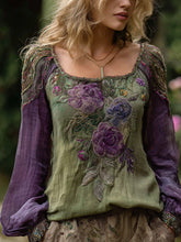 Damen Vintage Elegantes, mit Blumen besticktes Leinen hemd