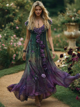 Damen-Maxi kleid mit Blumen besticktes, kontrast farbenes Leinen kleid