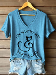 Frauen leben ist besser mit Musik & Katzen Print V-Ausschnitt T-Shirt