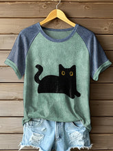 Frauen schwarze Katze Farbe-blockierte T-Shirts