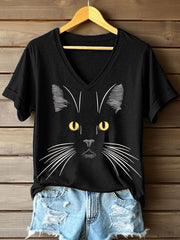 Frauen Katzen gesicht Besticktes T-Shirt mit V-Ausschnitt