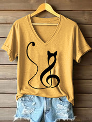 Frauen Musik Note inspirierte Katze Print V-Ausschnitt T-Shirt