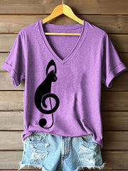 Frauen Musik Note inspirierte Katze Print V-Ausschnitt T-Shirt