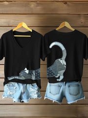 Frauen Künstlerisches Katzen druck V-Ausschnitt T-Shirt
