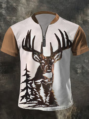 Herren Retro Western Deer Print Casual Zipper Top