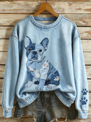 Damen Denim Patchwork Kunst Französische Bulldogge Muster Sweatshirt