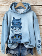 Damen Denim Patchwork Kunst Katzen muster Hoodie