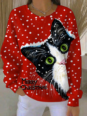 Damen Vintage Weihnachts katze bedrucktes Sweatshirt