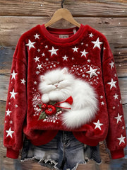Frauen Weihnachts schlafende Fuzzy Cat Stars Kunst Gemütliches Plüsch Sweatshirt
