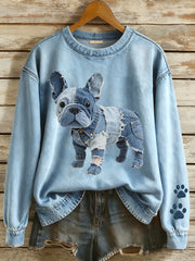 Frauen Patchwork Kunst Französische Bulldogge Muster Sweatshirt