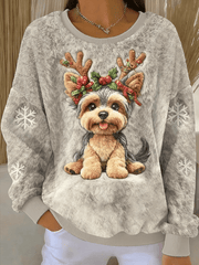 Damen niedlicher Weihnachts hund Kunstdruck Casual Flanell Pullover