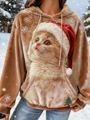 Damen niedliches Weihnachtskatze-Kunstdruck-lässiges Flanell-Sweatshirt