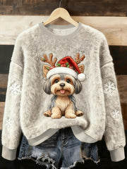 Damen niedlicher Weihnachts hund Kunstdruck Casual Flanell Pullover