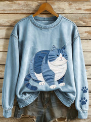 Frauen niedliche fette Katze Patchwork Kunst Sweatshirt