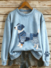 Damen Denim Patchwork Kunst Jack Russell Terrier Hunde muster Sweatshirt