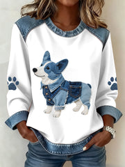 Damen Lovely Corgi Hunde muster Denim Patchwork Sweatshirt