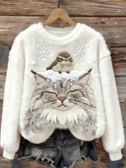 Damen Vogel & Katze im Schnee Gemütlicher Flanell Hoodie