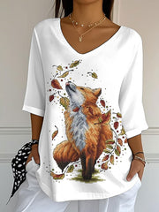 Damen-Herbst blatt Fox bedrucktes V-Ausschnitt-Oberteil