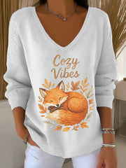 Damen-Herbst blatt Fox bedrucktes V-Ausschnitt-Oberteil