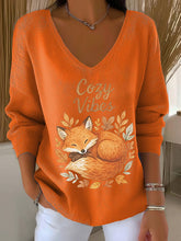 Damen-Herbst blatt Fox bedrucktes V-Ausschnitt-Oberteil