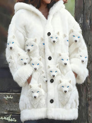 Damen Fox Print Lässiger mittellanger Plüsch-Kapuzen mantel