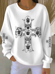 Damen Rock Print Geripptes Rundhals-Sweatshirt