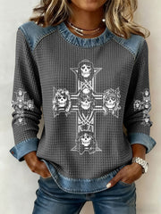 Damen Rock Print Denim Patchwork Top