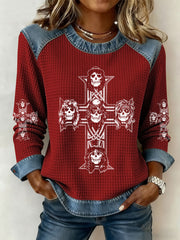 Damen Rock Print Denim Patchwork Top