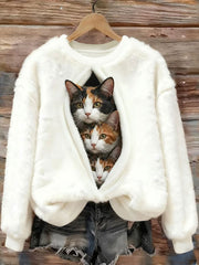 Damen Katzen bedrucktes Flanell-Sweatshirt