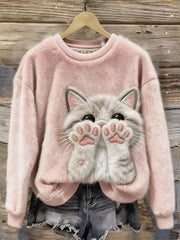 Damen niedliches Katzen-Kunstdruck-lässiges Flanell-Sweatshirt