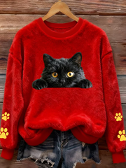 Damen Spaß Tier Katze Bedrucktes Flanell Sweatshirt