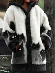 Damen Tier Katze Print Flanell Warme Jacke