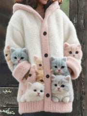 Damen Tier Katze Print Flanell Warme Jacke