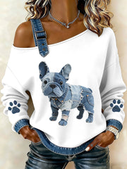 Damen schöne französische Bulldogge Muster Denim Patchwork Top